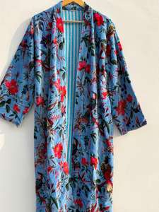 Abrigo largo de terciopelo con estampado de aves personalizado para mujer, estilo kimono floral, chaqueta de invierno boho al por mayor con cinturón - Product Image 6