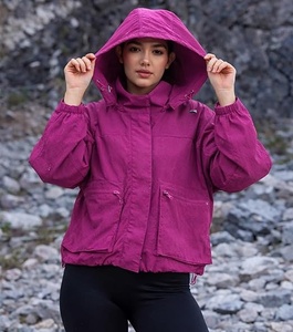 Women's <b>Pink</b> Hooded Windbreaker <b>Jacket</b> Full Sleeve Zipper Closure <b>Waterproof</b> Casual Crop Length Outerwear - Product Image 1