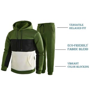 Survêtement à capuche pour homme, couleur verte, blocs de couleurs, manches longues, coupe décontractée, polyester et coton, vêtements d'automne avec poches latérales - Product Image 3