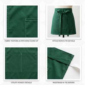 Delantal de Algodón Verde Tejido con Bolsillo Frontal, Uniforme Unisex para Camareros de Restaurante y Bar - Product Image 5