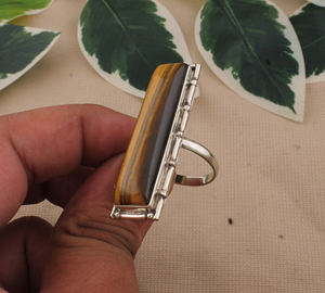 Bague de luxe en œil de tigre naturel, argent sterling 925, grande pierre, signet, classique, pour femme, mariage, artisanale, turque, haute joaillerie - Product Image 3