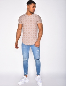 Chemise décontractée à manches courtes en tricot pour homme, imprimé géométrique beige, respirante, col en V, pour l'été - Product Image 1