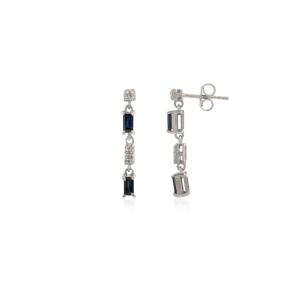 Trendy Women's 925 Sterling <b>Silver</b> <b>Dangle</b> <b>Earrings</b> Natural Baguette Blue Sapphire & Round Diamond Fine Jewelry Wholesale - Product Image 3