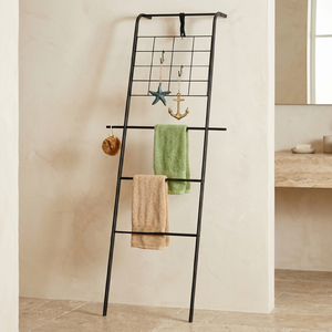 Étagère porte-serviettes autoportante en métal noir avec grille, organisateur de salle de bain industriel, 4 barres, support de serviettes de bain mobile - Product Image 1