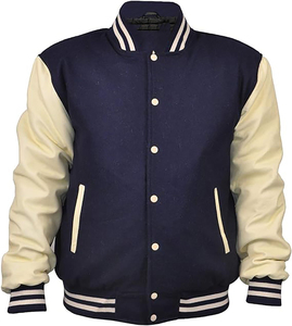 <b>Men's</b> Royal Blue Varsity <b>Jacket</b> With <b>White</b> PU Sleeves Turn-down Collar Single Button Closure Preppy Style Autumn Wear - Product Image 1