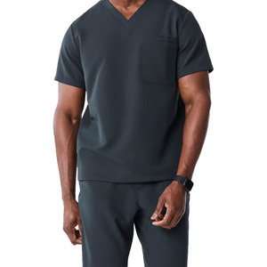 Haut de blouse médicale à col en V et manches courtes pour homme, gris foncé, avec poche poitrine, uniforme d'infirmier d'hôpital - Product Image 1