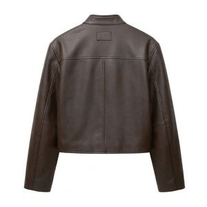 Veste en cuir marron personnalisée pour femme avec fermeture éclair, col classique, deux poches latérales, vêtement d'extérieur décontracté raffiné, mode urbaine - Product Image 2
