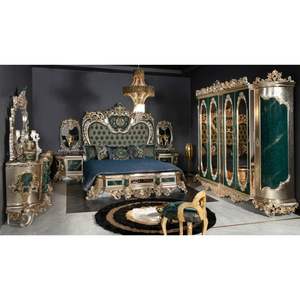 Juego de dormitorio de lujo verde esmeralda de madera de teca maciza, estilo Mid-Century, ideal para apartamentos, con cama King tallada en oro real y 2 mesitas de noche, Grand - Product Image 1