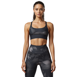 Ensemble de yoga 3 pièces pour femme, dos croisé, en tissu côtelé respirant Spandex/Nylon, taille mi-haute, motifs unis/écossais - Product Image 2
