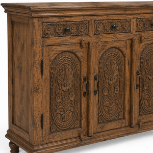 Custom Handcrafted Eco-Friendly Traditional Warm Brown Solid Mango Wood Floral Carved <b>Sideboard</b> Cabinet 3 Drawers 3 Doors Luxury - Product Image 2