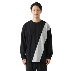 T-shirts à manches longues en coton pour hommes, coupe oversize, style colorblock diagonal moderne, noir et blanc, col rond, pulls doux - Product Image 1