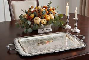Plateau de service rectangulaire de qualité supérieure avec motif floral, finition métallique polie, poignée, usage résidentiel, événements de mariage, restaurant - Product Image 4