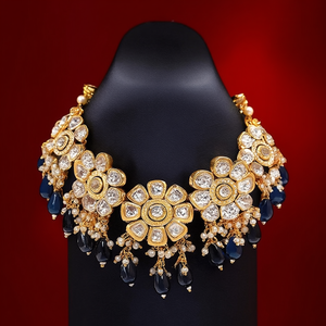 Conjunto de Collar Choker Kundan Chapado en Oro con Perlas de Imitación y Circonitas, Estilo Étnico para Fiestas, Bodas y Regalos - NS613 AZUL - Product Image 3