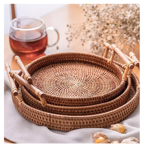 Natural Rattan Woven Serving Storage <b>Tray</b> With Handle For Coffee Snack Breakfast Farmhouse Cane Serving <b>Tray</b> For Kitchenware Use - Product Image 6