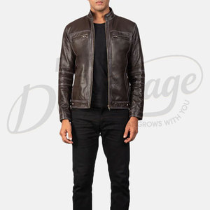 Veste en cuir véritable marron foncé pour homme, style motard, coupe ajustée, avec surpiqûres blanches contrastées, manteau d'hiver en cuir véritable - Product Image 4