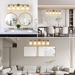 5 <b>Light</b> Modern Vanity Wall <b>Sconce</b> 31\" Golden Finish with Frosted Glass Shades for Bathroom & Hallway Lighting No Bulbs Included - Product Image 5