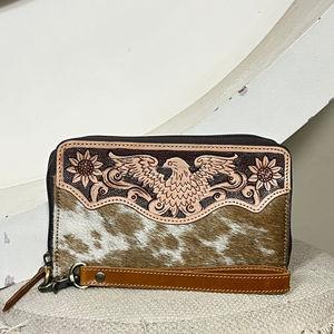 Fashionable Women Designer Eagle Pattern <b>Tooled</b> Clutches Real Cowhide Fur <b>Leather</b> Multiple Card Holder Rfid Evening Wallet Purse - Product Image 4