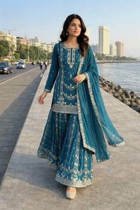 Elegant Peacock <b>Blue</b> Evening Party Wear Silk Embroidered Kurta Flared <b>Trouser</b> Set for <b>Women</b> - Product Image 6