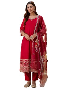 Châle en soie rouge brodé de fleurs pour femme, style traditionnel indien pakistanais, pour l'hiver, l'automne, le quotidien, le printemps, l'été, séchage rapide - Product Image 1