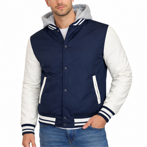 Chaqueta Varsity con Capucha para Hombre, Negra con Mangas Blancas, Color Sólido, Casual, Resistente al Viento, para Otoño, con Relleno de Poliéster y Cuello Camisero - Product Image 3