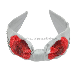 Luxury Handmade Eco-Friendly Waterproof Grey Women's Unisex <b>Headband</b> Beaded Floral Embroidered Red Flower Design Knotted Padded - Product Image 3