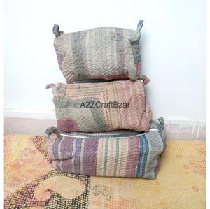 Handmade Casual Quilted Silk Screen Printed Tassel Pattern Kantha Pouch Set Artisan Eco-Friendly Cotton Cosmetic Zipper Soft - Product Image 1