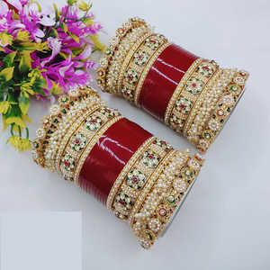 Premium Bridal Acrylic Bangles Set 2.4" Pota Stone & Pearl Design Elegant Designer Jewelry Collection - Product Image 1