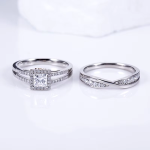 Princess Cut Diamond Engagement Ring Set 18K Gold Rhodium Plated Pave Setting Geometric Classic Style Unisex - Product Image 6