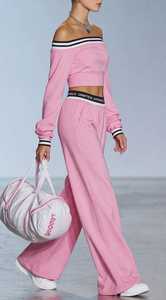 Women <b>Pink</b> <b>Off</b> <b>Shoulder</b> Two Piece Set Long Sleeve Crop <b>Top</b> Wide Leg Pants Sporty Tracksuit - Product Image 3