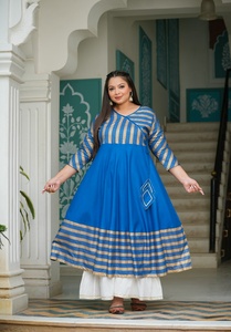 Angrakha Neck Rayon Anarkali Kurti Women's <b>Plus</b> <b>Size</b> Stripe Printed Three Quarter Sleeves Flared Fit Casual Wear Blue - Product Image 1