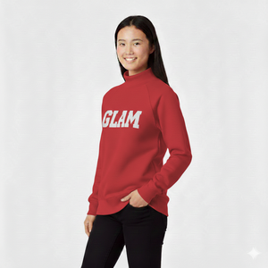 Sudadera Roja de Cuello Alto para Mujer con Estampado de Letras GLAM, Manga Larga, Tejida, Informal, Estilo Otoñal, 100% Algodón Transpirable - Product Image 1