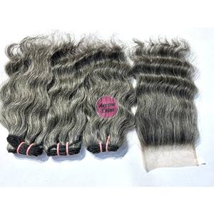Lot de 3 mèches de cheveux humains gris ondulés naturels avec closure - Product Image 2
