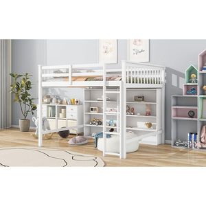Letto a soppalco bianco a grandezza naturale con 8 ripiani aperti e scaletta integrata per bambini - Product Image 4