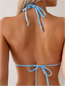 Conjunto de bikini de dos piezas para mujer, estampado floral, top halter, braguita con lazo lateral, traje de baño de spandex y poliéster, sin espalda - Product Image 6