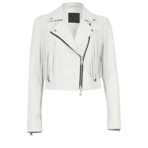 Blouson moto en similicuir blanc avec détails à pampilles, fermeture éclair, col cranté, coupe courte, vêtement d'extérieur décontracté pour femme - Product Image 5