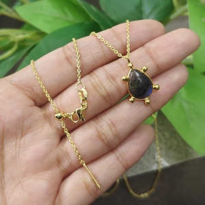 Wholesale 18k Gold Plated Gemstone Pendant Necklace <b>Beaded</b> Designer Bezel Set Teardrop Pendant Brass Jewelry Necklace for Unisex - Product Image 4