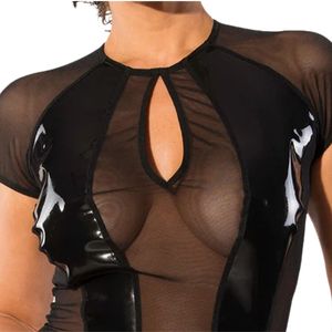 Women's Black Wet Look and Mesh Long Sleeve Top Stretch High Neck Slim Fit <b>Sheer</b> Panel Fashion Lightweight Apparel Shirt - Product Image 4