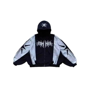 Sweat à capuche d'hiver pour homme personnalisé, style Y2K Hip Hop, avec patchs contrastés, broderies appliquées, fermeture éclair, en molleton tricoté 100% coton - Product Image 3