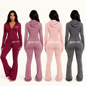 Custom Women's Relaxed Fit Workout Tracksuit <b>Zipper</b> Hoodie Flared <b>Leggings</b> Pants Two Piece Activewear Fashion - Product Image 5
