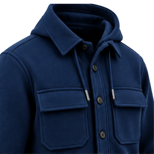 <b>Mens</b> Navy Blue Hooded Shacket Jacket With Button Closure Double Chest Pockets <b>Long</b> Sleeves Textured Fabric Casual Outerwear For - Product Image 3