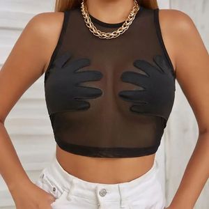 Sexy <b>Women's</b> Sleeveless Knitted <b>Mesh</b> Tank <b>Top</b> with Button Ribbons V-Neck Breathable Streetwear Front Logo Digital Print - Product Image 6
