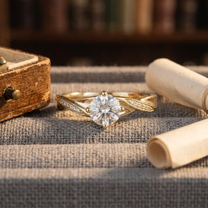 Anillo de Compromiso Clásico de Oro Sólido de 14K con Moissanita, Corte Brillante Redondo, Engaste de Garras, Acentos Laterales Pavé para Mujer - Product Image 5