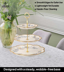 จานเสิร์ฟ 3 ชั้น ทำจากโบนไชน่า พร้อมขาตั้งสีทอง เป็นมิตรกับสิ่งแวดล้อม จานหรูหราสำหรับงานเลี้ยง ด้วยเทคนิคการขัดเงา - Product Image 5