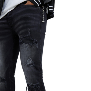 Jean en denim noir déchiré et délavé coupe droite pour homme, style décontracté automne, en coton respirant - Product Image 6