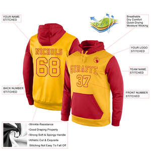 <b>Men's</b> Custom Embroidered Hooded Sweatshirt Yellow Red Raglan Sleeve Sporty Design With Pocket Regular Fit Autumn Wear - Product Image 1