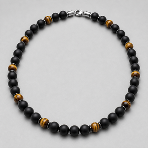 Collier en perles d'onyx noir et œil de tigre, perles rondes noires mates de 10 mm, accents bruns polis, fermoir en acier inoxydable - Product Image 1