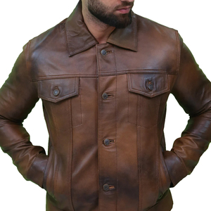 Veste en cuir véritable marron pour homme, style motard, col rabattu, coupe classique, pour l'automne - Product Image 6