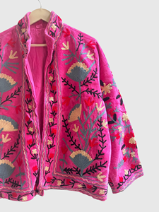 Veste en velours brodée de fleurs roses, col mandarin, manches longues, grande taille, vêtements d'automne pour femmes - Product Image 4
