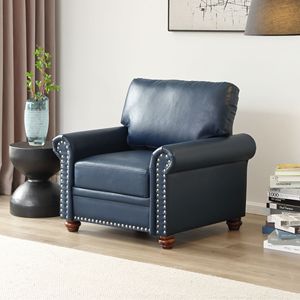 Navy Blue Faux Leather Single Seat <b>Sofa</b> Chair with Wood <b>Leg</b> <b>for</b> Living Room - Product Image 1