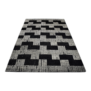 Tapis d'intérieur en laine tissé à la main noir et crème, motif géométrique, style kilim, à poils ras, motif architectural côtelé moderne - Product Image 5